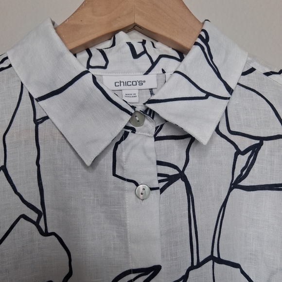Chico's Women Linen Blouse White Black Floral Button-up Coastal Size 12 - Picture 9 of 15
